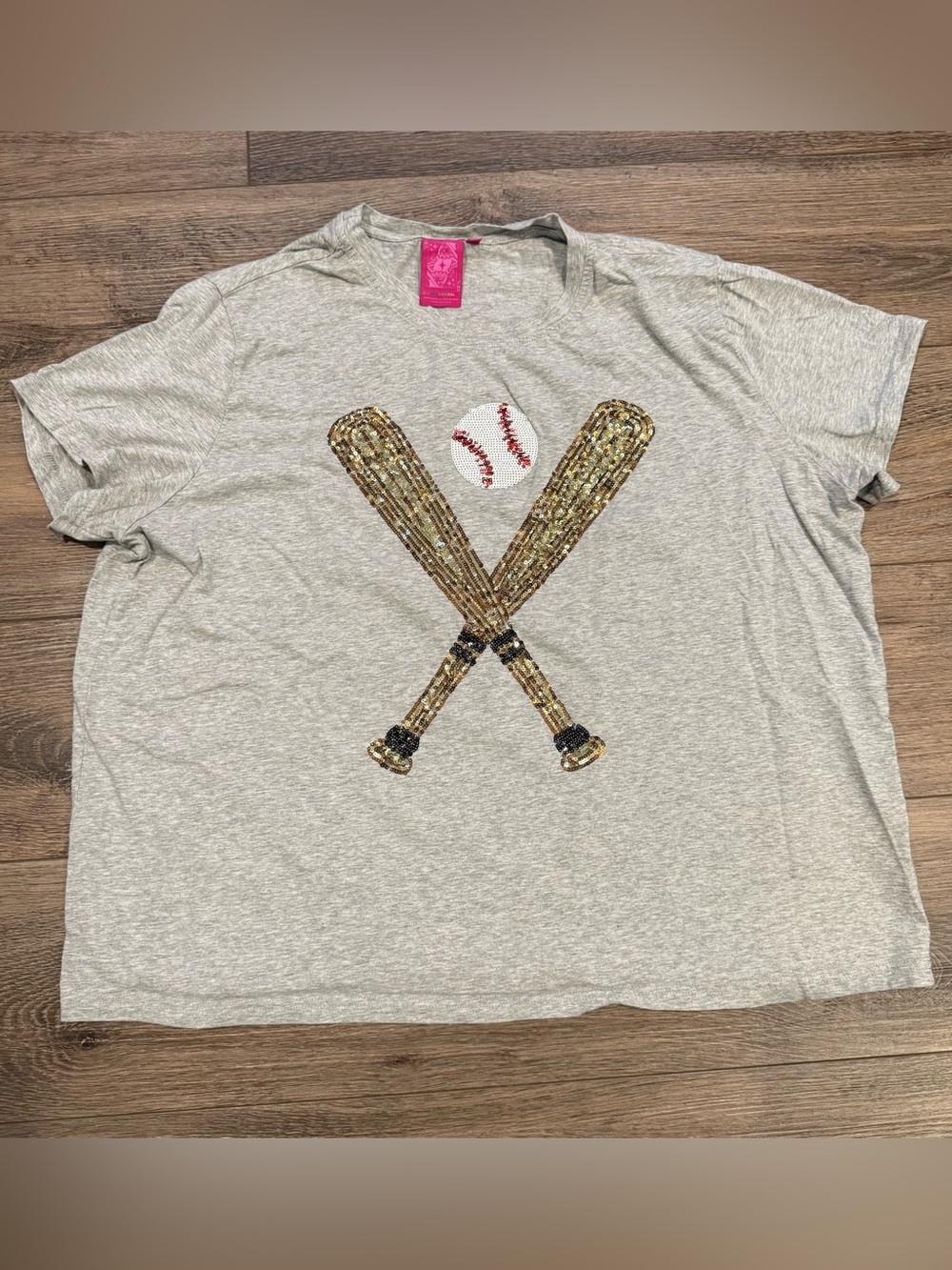 QUEEN OF SPARKLES Gray Short Sleeve Tee with Gold Sequin Baseball Bats